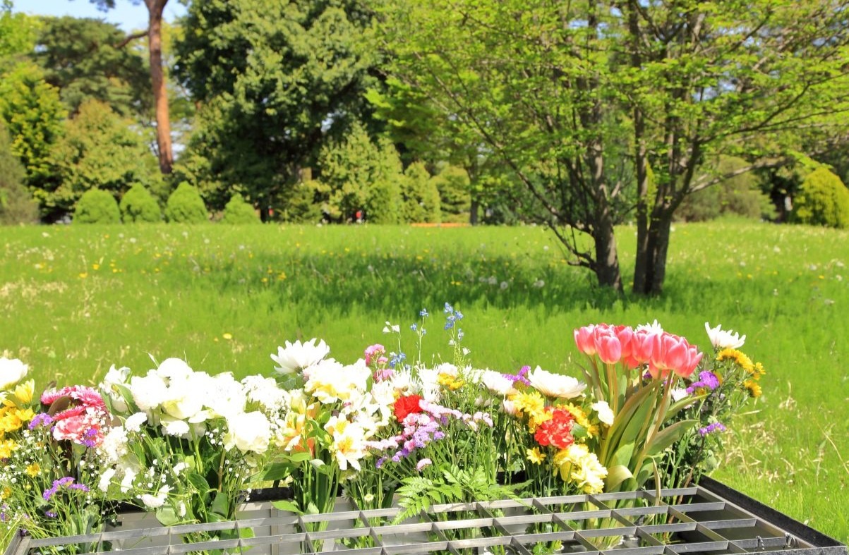 供養の花に包まれたお墓